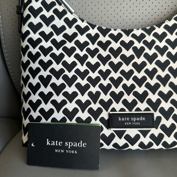Kate Spade Sam Icon Modernist Hearts Jacquard Shoulder Bag, Cream Black, NWT - Picture 2 of 15